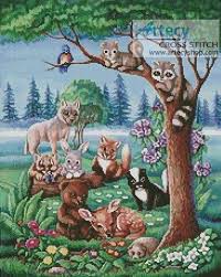 Model stitched on 36 ct. Forest Friends Cross Stitch Pattern By Tereena Clarke Crosstitch Com Cross Stitch Animals Cross Stitch Cross Stitch Patterns