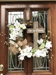 He Is Risen Spring Grapevine Wreath With Faux Flowers And Lots Of Extra Lilies Wooden Cross Wit Easter Decorations Outdoor Easter Door Decor Easter Wreath Diy