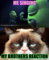 Me drunk telling my life story even though no one asked mike. Image Tagged In Memes Grumpy Cat Not Amused Mike Wazowski Singing Imgflip