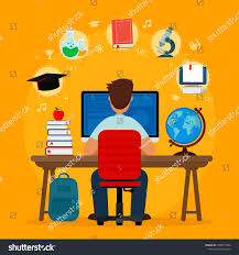 One boy is lying on the floor and playing with colorful toy blocks. Student Sitting At Desk In Online Learning Process On Orange Background School Homework Surfing Internet Conc School Homework Surf Internet Learning Process