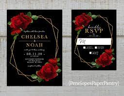 Elegant Red Rose Geometric Frame Wedding Invitation Black Red Roses Gold Print Shimmery Print Red Rose Wedding Invitations Red Rose Invitation Red Rose Wedding