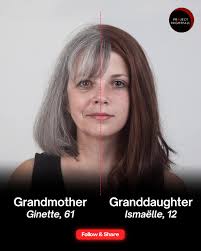 One side is a 61-year-old grandmother, the other is her 12-year-old  granddaughter. Genetics are truly fascinating!