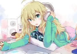 Anime characters with green eyes and blonde hair. Aqua Eyes Blonde Hair Drink Fang Headphones Hoshii Miki Idolmaster Kiriyama Long Hair Shorts Konachan Com Konachan Com Anime Wallpapers
