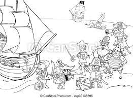 Treasure mountain, flag jolly roger, ship cannon. Pirates With Ship Coloring Book Black And White Cartoon Illustrations Of Fantasy Pirate Characters With Ship On Treasure Canstock