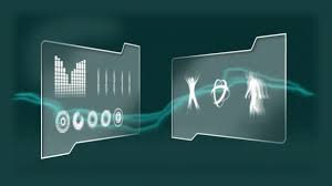 Digital Animation Of File Folder With Bar Chart Dna Helixes Concentric Circles Digital Human And Atom Against Dark Green Background