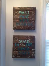Blue Diy Bathroom Wall Decor 10 Wood Canvas From Walmart Stencils Acrylic Paint Bathroom Wall Art Bathroom Wall Decor Diy Signs
