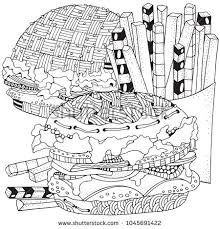 Fast Food Burgers French Fries Coloring Book Page Black And White Vector Doodle Fast Food Pattern Coloring Books Food Coloring Pages Color