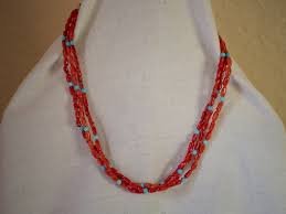 3 Stand Red Coral & Turquoise Necklace 21, Native American First Nations  Southwest Indian Jewelry