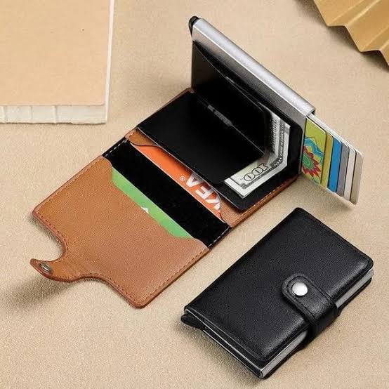 Slim Metallic Pop-Up Card Holder – RFID Blocking Minimalist Wallet with  Leather Wrap (Black)