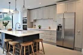 Some trademark characteristics of shaker kitchen cabinets include flat paneled doors with rail frames, sturdy construction with quality wood, and utilitarian designs. Modern Shaker Kitchen In Grey With Dark Island Eclectic London By Eclectic Interiors Houzz Uk