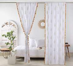 White Gold Tassel Curtains Medallion Moroccan Tapestry Curtai Pom Pom Fringes Sheer Room Divider Door Boho Curtain Bohemian Curtains In 2021 Tassel Curtains Bohemian Curtains Boho Curtains