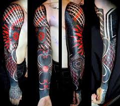 Black And Red Arm Sleeve Tattoos 70 Red Ink Tattoo Designs For Men Masculine Ink Ideas Red Ink Tattoos Full Sleeve Tattoos Tattoo Designs Men