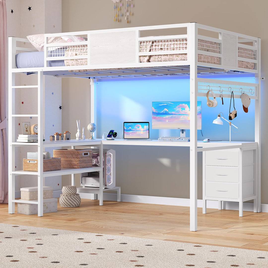 Loft Bed With L-shaped Desk Bed Frame With Led Lights & Charging Station