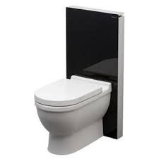 Geberit 131 144 Sg 1 Monolith For Floor Mounted Toilets Black Glass W Duravit Starck 3 And Seat Lid Back To Wall Toilets Space Saving Toilet Geberit Toilet