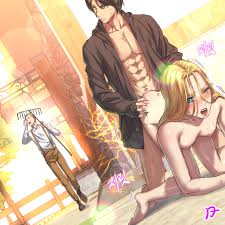 eren yeager, krista lenz, shingeki no kyojin, absurdres, bad id, bad pixiv  id, highres, 1girl, 2boys, all fours, bare shoulders, black hair, blonde  hair, blue eyes, blush, breasts, cheating (relationship), doggystyle,  farmer,