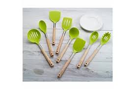 Ustensile De Cuisine Bo Time Lot De 8 Ustensiles Cuisine En Silicone Avec Poignees En Bois Darty
