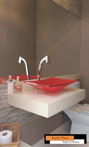 Lavabo Moderno Cuba De Vidro Vermelha Com Detalhes De Revestimento Portobello Bancada Em Marmore Crema Marfil Home Decor Decor Sink