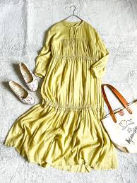 ナノユニバース NANO UNIVERSE リネンコットン 大人可愛いきれい色ゆったりネックリボンティアードギャザーロングワンピース  イエロー(女性用)｜売買されたオークション情報、yahooの商品情報 な～の