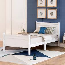 Thick, upholstered side rails flow into a gorgeous statement headboard and perfectly complement durable legs made from malaysian rubberwood. Amazon Com Merax Wood Platform Bed Twin Bed Frame Mattress Foundation Sleigh Bed With Headboard Footboard Wood Slat Support White Furniture Decor