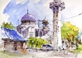 Federal territory mosque (masjid wilayah persekutuan). Masjid Jamek Kampung Baru Kuala Lumpur Urban Sketching Plein Air Painting