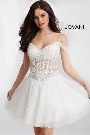 This Jovani 55249 White Cocktail Dress Features An Illusion Corset Bodice With Cold Shoulder Straps Edg Jovani Homecoming Dresses Dresses White Cocktail Dress