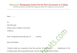 Resignation Letter For Lecturer Post In College (Sample)
