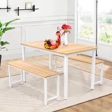 Shop for 3 piece dining set online at target. Living Room Industrial Maple And White Decok 3 Pieces Dining Table Set For 4 6 People 48 Inch Kitchen Table With Two 47 Benches Particle Board Top And Metal Frame Perfect For Breakfast Nook Table Chair