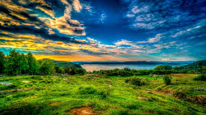 Very green and vivid environmental hdri map, taken at clean sky in summer. Image Hdri Nature Sky Lake Grass Trees Clouds 2560x1440