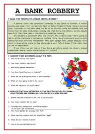A Bank Robbery Reading Comprehension Reading Comprehension Kindergarten Esl Reading Comprehension