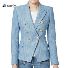 Black Blazer With Gold Buttons Womens New Fashion Light Blue Long Sleeve Linen Blazers 2017 Gold Button Double Breasted Notched Women Blaz Blazer Jackets For Women Blazer Designs Denim Jacket Women