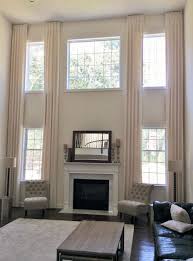 Two Story Drapery High Ceiling Living Room Window Treatments Living Room Tall Windows Living Room