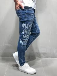 Take your regular jeans and add a few rips, shreds, scrapes, frays and fades to it. Men Distressed Make Art Not War Jeans Blue 4135 Men Distressed Make Art Not War Jeans Blue 4135 Ripped Jeans Men Ripped Jeans Casual Streetwear Jeans