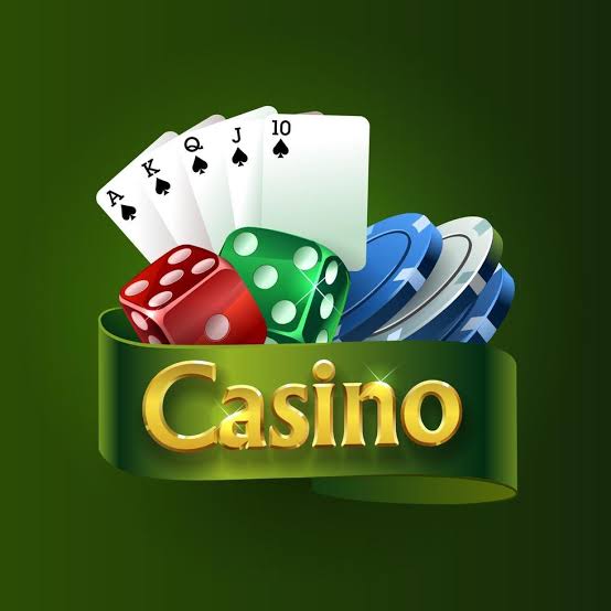 Casino logo on a green ribbon. The best casino games. Dice, cards, chips 2232239 Vector Art at Vecteezy