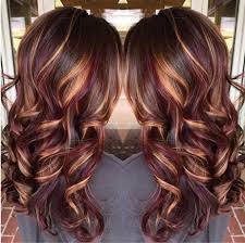 Red And Orange Streaks On Dark Brown Hair With Blonde Highlights Long And Curled Worn By Woman Seen From The In 2020 Long Brunette Hair Hair Styles Hair Color Burgundy