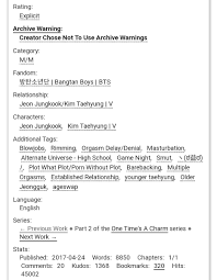 On archive of our own (ao3), users can make profiles, create works and other . Complete Taekook Au And Ao3 Fic Rec Thread On Twitter 16 Blood Drive By Wontonz Taekook Ao3 Nsfw Fic Chapters 1 Words 6221 Smut Bottom Tae Detectives Taekook Human Tae