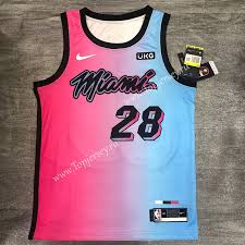 Its logo can be described as a fiery basketball going through a black hoop. City Edition 2020 2021 Miami Heat Pink Blue 28 Nba Jersey 311 Miami Heat