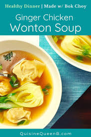 Homemade Ginger Chicken Wonton Soup W Bok Choy Quisine Queen B Recipe Ginger Chicken Ginger Recipes Chicken Wontons
