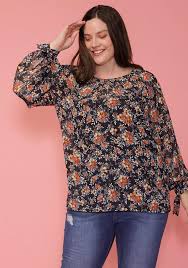 Pleione Plus Size Sheer Printed Blouse With Self Tie Sleeve