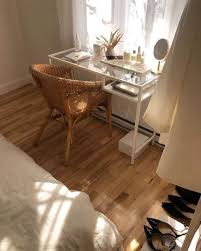 Bohemian Home Office With Rattan Chair And Glass Ikea Desk Bohohomes Bohemianinteriors Interiordesign Interiors Interior Apartment Decor Home