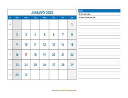 January Calendar 2022 Grid Lines For Holidays And Notes Horizontal Free Calendar Template Com