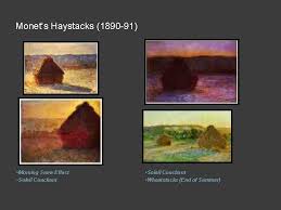 The haystacks are captured in winter daylight with violet and orange hues, covered in snow, with a hint of the brown of the hay underneath. Impressionism Claude Monet Impression Sunrise 1873 Musee Marmottan