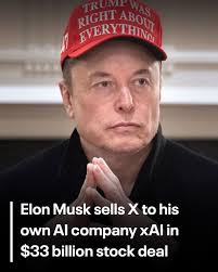 Elon Musk has sold X, formerly Twitter, to his AI company xAI in a $33  billion all-stock deal, signaling deeper integration between artificial  intelligence and the social media platform.  https://www.fox26houston.com/news/musk-xai-x-sale-2025 ...