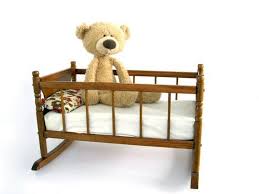 Vintage Wooden Doll Bed Wood Spindle Cradle With Mattress Pillow Mid Century Toy Doll Bed Wooden Dolls Bear Bed