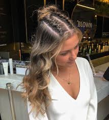 Two Dutch Braid With A Messy Bun And Loose Curls For My Lovely Client Mrsmithhair Oribeaus Braids With Curls Curled Hair With Braid Loose Braid Hairstyles