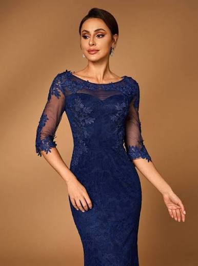 Serin Elegant Navy Blue Winter Formal Wedding Dress,Luxurious Sheer Long Sleeve Pearl Applique Lace Mermaid Mother Of The Bride Dresses Evening Gowns | SHEIN