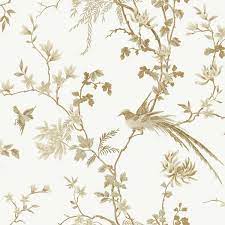 Elevate the look of your room when you add this black and gold bird watching removable wallpaper to your home, carefully printed with metallic gold detail. Kt2174 White Gold Bird And Blossom Chinoserie Wallpaper
