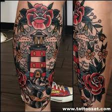 Traditional Calf Tattoo With Images Lighthouse Tattoo Traditional Tattoo Leg Tattoos