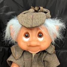 1977 Thomas DAM Troll Doll Sherlock Holmes Detective Blue Hair w Coat & Hat  10"