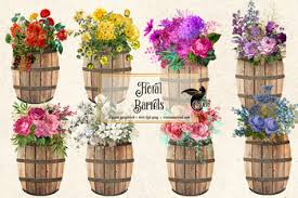 Pretty seed flower banner seamless pattern. Flower Barrels Clipart Garden Shabby Chic Wedding Clip Art Graphics