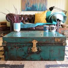 This unique table makes heads turn with its riveted aircraft. Industrial Factory Loft Rough Luxe Salvage Metal Trunk Military Chest Table Vw Metal Trunks Vintage Furniture Makeover Trunk Makeover